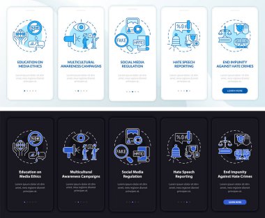 Mobil uygulama sayfasında konuşma engelleme programından nefret ediyorum. Medya etiği, kavramlarla birlikte 5 adımlık grafik talimatları inceliyor. UI, UX, GUI vektör şablonu doğrusal gece ve gündüz kip çizimleri