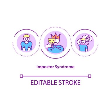 Sahtekar sendromu konsepti. Psikolojik model soyut fikir ince çizgi çizimi. Kişisel beceri ve yeteneklerinden şüphe ediyorsun. Vektör izole edilmiş dış hat renk çizimi. Düzenlenebilir vuruş