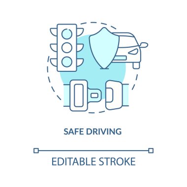 Mavi konsept ikonu güvenli sürüş. Sürücü kursu fikri soyut ve ince çizgiler çiziyor. Yoldaki güvenlik. Sürücü kuralları ve talimatlar. Vektör izole edilmiş dış hat renk çizimi. Düzenlenebilir vuruş