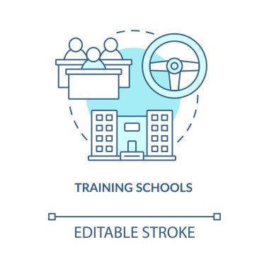 Eğitim okullarının mavi konsept ikonu. Gençler için sürüş kursu soyut fikir ince çizgi çizimi. Ergen öğrenciler. Trafik kuralları. Vektör izole edilmiş dış hat renk çizimi. Düzenlenebilir vuruş
