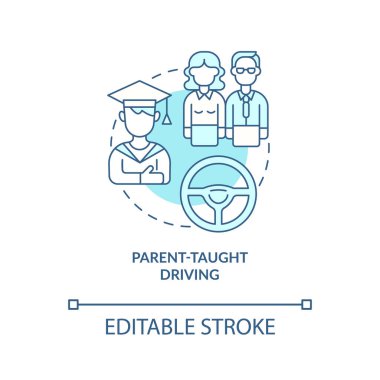 Ebeveynleri mavi konsept ikon sürmeyi öğretti. Soyut fikir çizgisi çizimleri için gençlere direksiyon eğitimi veriyorum. Araç kullanma becerisi. Vektör izole edilmiş dış hat renk çizimi. Düzenlenebilir vuruş