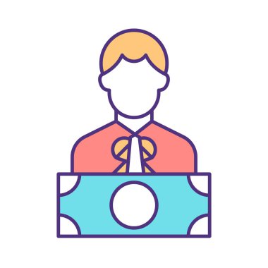 Yozlaşmış hükümet üyesi RGB renk simgesi. Para karşılığında politik müdahaleler. Demokrasi ilkelerinin ihlali. İzole vektör çizimi. Basit doldurulmuş çizgi çizimi