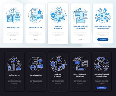 Mobil uygulama sayfası ekranında başarılı bir kariyer gelişimi. İş gezisi, kavramlarla birlikte 5 aşamalı grafik talimatlar. UI, UX, GUI vektör şablonu ile gece ve gündüz kip çizimleri