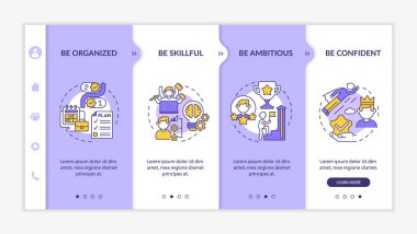 Kariyer gelişimi için kişilik özellikleri vektör şablonunda. Simgeli ilgili mobil web sitesi. Web sayfasında 4 basamaklı ekranlar. Doğrusal çizimlerle verimlilik rengi kavramı