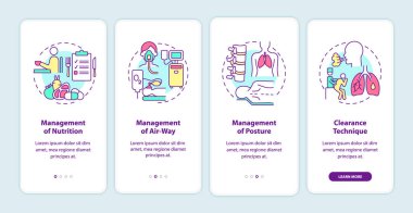Akciğer rehabilitasyonu mobil uygulama sayfa ekranında. Kurtarma yönetimi, konseptlerle birlikte dört aşamalı grafik talimatları inceliyor. UI, UX, doğrusal renk çizimleri olan GUI vektör şablonu