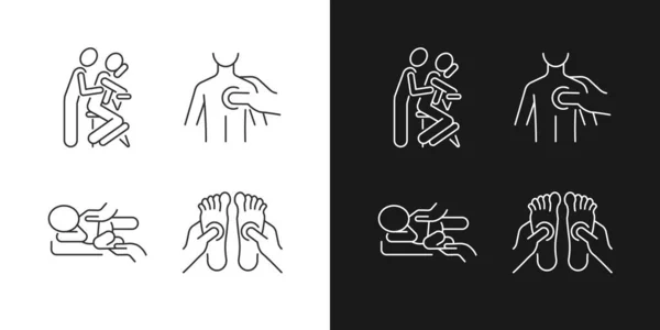 Massage Therapietechniken Lineare Symbole Für Dunklen Und Hellen Modus Eingestellt — Stockvektor