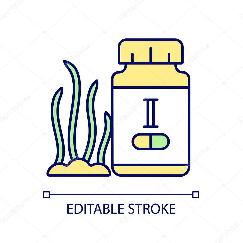 Iodine supplements RGB color icon. Iodine deficiency prevention. Medication for thyroid diseases. Seafood complementary medicine. Isolated vector illustration. Simple filled line drawing