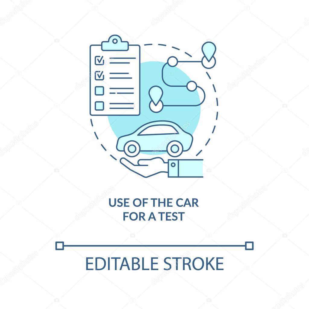 Use of car for test blue concept icon. Road examination service abstract idea thin line illustration. Driving school. Automobile riding course. Vector isolated outline color drawing. Editable stroke