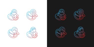 Gıda kirletici test eğrisi simgeleri karanlık ve aydınlık moduna ayarlandı. Ağır metaller ve böcek ilacı. İnce çizgili sembol demetleri. Siyah ve beyaz üzerine izole vektör ana hatları koleksiyonu