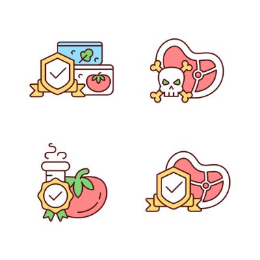 Gıda üretim sertifikası RGB renk simgeleri ayarlandı. Beslenme testi ve depolama. Gıda güvenliği ve hijyen. İzole vektör çizimleri. Basit çizgi çizimleri koleksiyonu. Düzenlenebilir vuruş