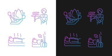 Güzellik prosedürleri simgeleri karanlık ve aydınlık moduna ayarlandı. Masaj pratisyeni. Aromaterapi. İnce çizgili sembol demetleri. Siyah ve beyaz üzerine izole vektör ana hatları koleksiyonu