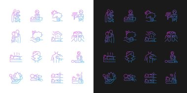 Koyu ve açık kip için masaj tipleri gradyan simgeleri ayarlandı. Fiziksel sağlık gelişimi. İnce çizgili sembol demetleri. Siyah ve beyaz üzerine izole vektör ana hatları koleksiyonu