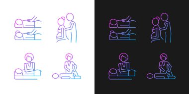 Karanlık ve aydınlık moduna ayarlanmış spa deneyimi gradyan simgeleri rahatlatılıyor. Derin basınç. İyileşme hasarı. İnce çizgili sembol demetleri. Siyah ve beyaz üzerine izole vektör ana hatları koleksiyonu