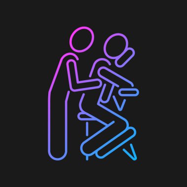Koyu tema için sandalye masajı gradyan vektör simgesi. Oturma pozisyonunda tedavi uygulanıyor. Üst vücuttaki kasları gevşet. İnce çizgi renk sembolü. Modern tarz pictogram. Vektör izole çizimi