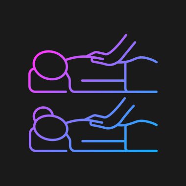 Karanlık tema için çift masajı gradyan vektör simgesi. İlişkideki bağı arttır. Yan yana masaj masaları. İnce çizgi renk sembolü. Modern tarz pictogram. Vektör izole çizimi