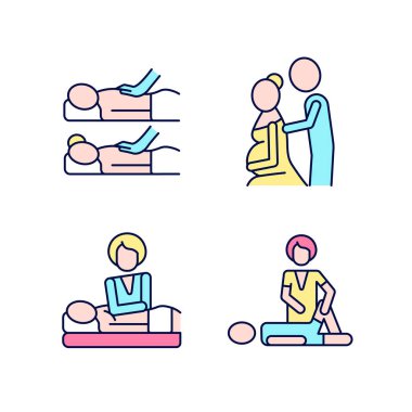 Rahatlama spa deneyimi RGB renk simgeleri ayarlanıyor. İlişki bağını güçlendirmek için. Doğum öncesi masaj terapisi. İzole vektör çizimleri. Basit çizgi çizimleri koleksiyonu. Düzenlenebilir vuruş