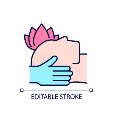 PTSD tedavisi için masaj RGB renk simgesi. Travma sonrası stres bozukluğu belirtilerini azaltıyorum. Kaslardaki tetikleme noktalarını hedef alın. İzole vektör çizimi. Basit bir çizgi çizimi. Düzenlenebilir vuruş