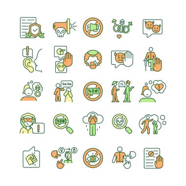 Verbal aggressiveness RGB color icons set. Detecting hate speech. Gender-based violence. Cyberbullying in social media. Isolated vector illustrations. Simple filled line drawings collection clipart