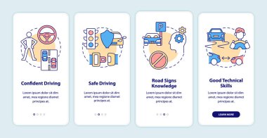Sürücü kursu sonuçları mobil uygulama sayfası ekranında. Sürücü ehliyeti, konseptlerle birlikte dört aşamalı grafik talimatlar. UI, UX, doğrusal renk çizimleri olan GUI vektör şablonu