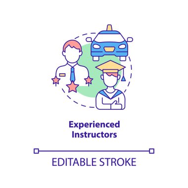Tecrübeli eğitmenler konsept ikonu. Okulun soyut fikirlerini incelerken. Nitelikli öğretmen. Öğrencilere araba sürmeyi öğretiyorum. Vektör izole edilmiş dış hat renk çizimi. Düzenlenebilir vuruş