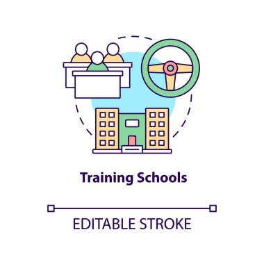 Eğitim okullarının konsept ikonu. Gençler için sürüş kursu soyut fikir ince çizgi çizimi. Ergen öğrenciler. Yol trafiği bilgiyi yönetir. Vektör izole edilmiş dış hat renk çizimi. Düzenlenebilir vuruş