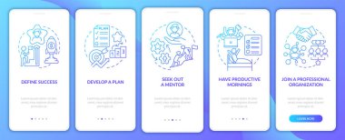 Kariyer ilerlemesi, mobil uygulama sayfası ekranında gradyan basamakları. Başarı, kavramlarla birlikte 5 aşamalı grafiksel talimatlar. UI, UX, doğrusal renk çizimleri olan GUI vektör şablonu