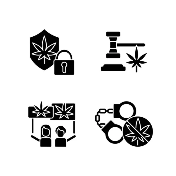 Legalidad Los Iconos Del Glifo Negro Cannabis Ambientados Espacio Blanco — Vector de stock