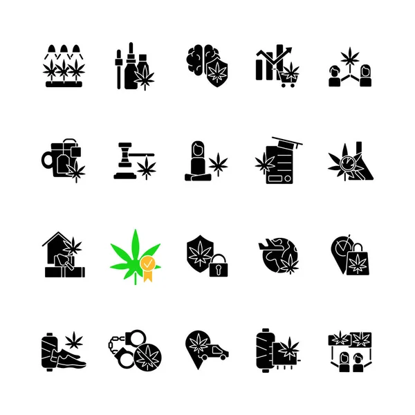 Cannabis Vardagen Svarta Glyf Ikoner Som Vitt Utrymme Marijuanaodling Legalisering — Stock vektor