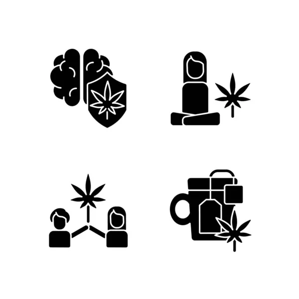 Cannabis Geestelijke Gezondheid Zwarte Glyph Pictogrammen Ingesteld Witte Ruimte Marihuana — Stockvector