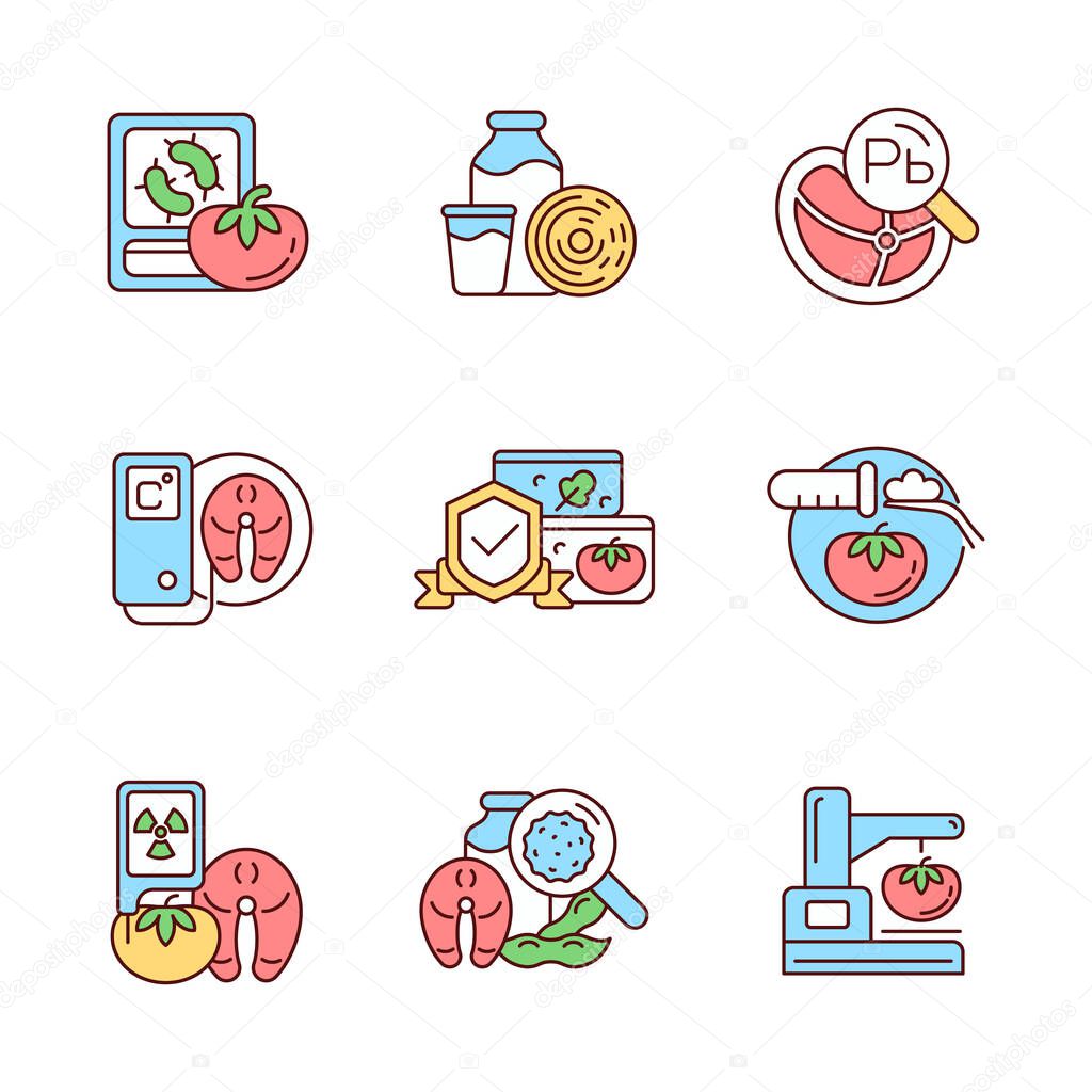 Food analysis RGB color icons set. Biological and chemical danger detection. Varied examination methods. Isolated vector illustrations. Simple filled line drawings collection. Editable stroke