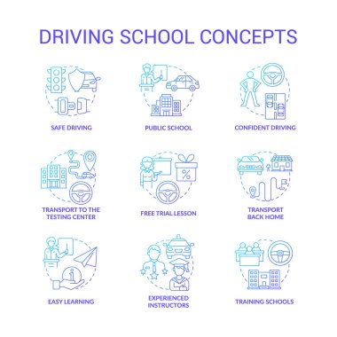 Okul mavisi gradyan konsept simgeleri ayarlanıyor. Araba sürme eğitimi fikri ince çizgi renkli çizimler. Yol işaretlerini ve kuralları öğreniyorum. Ehliyet. Vektör izole çizimleri