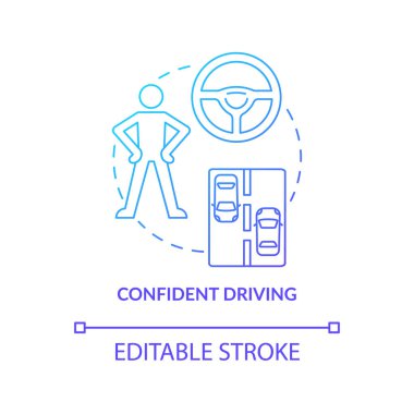 Kendine güvenen mavi gradyan konsept simgesi kullanıyor. Sürücü kursu fikri soyut ve ince çizgiler çiziyor. Öğrenmek ve pratik yapmak. Tecrübeli bir sürücü. Vektör izole edilmiş dış çizgi renk çizimi