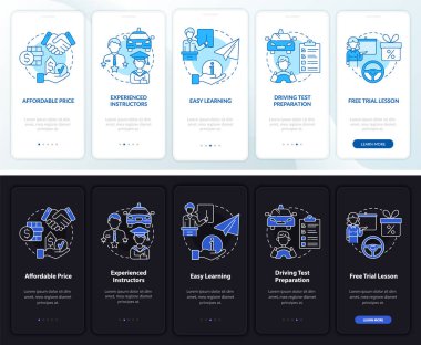 Sürücü kursunun faydası karanlık, hafif yatılı mobil uygulama sayfası ekranı. Kavramlarla birlikte 5 aşamalı grafik talimatlar. UI, UX, GUI vektör şablonu doğrusal gece ve gündüz kip çizimleri