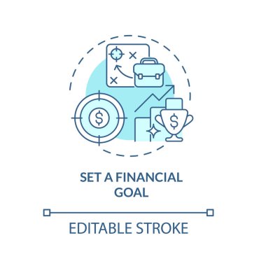 Mali planlama konsepti ikonu. Emeklilik maaşının güvenli, soyut ve ince çizgili çizimlerini hedefle. Bütçe oluşturma. Hedefleri listele ve hedef al. Vektör izole edilmiş dış hat renk çizimi. Düzenlenebilir vuruş