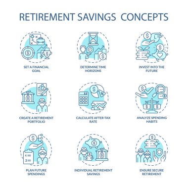 Emeklilik tasarrufu konsepti belirlendi. Emeklilik fikri için ince çizgi renk çizimleri oluşturun. Para yönetimi. Gelecek harcamaları hesaplar. Vektör izole çizimler. Düzenlenebilir vuruş
