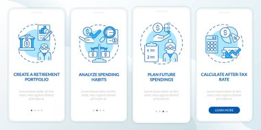 Emeklilik fonu planı mobil uygulama sayfası ekranında. Emeklilik portföyü oluşturuluyor. Kavramlarla birlikte dört aşamalı grafik talimatlar uygulanıyor. UI, UX, doğrusal renk çizimleri olan GUI vektör şablonu
