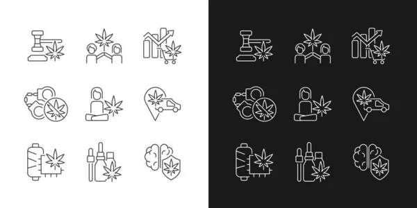 Маріхуанська Рослина Використовує Лінійні Ікони Встановлені Темного Легкого Режиму Закони — стоковий вектор