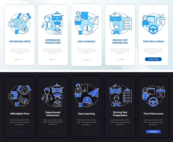 Szkoła Jazdy Korzysta Ciemnego Lekkiego Ekranu Strony Aplikacji Mobilnej Przejdź — Wektor stockowy