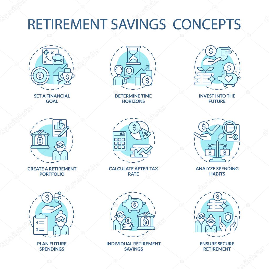 Pension savings concept icons set. Create fund for retirement idea thin line color illustrations. Money management. Future spendings calculation. Vector isolated outline drawings. Editable stroke