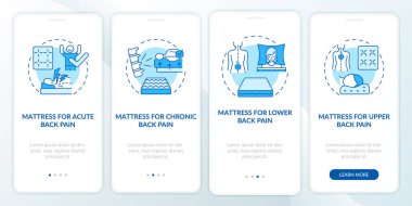 Sırt ağrısı için yataklar mobil uygulama sayfası ekranında mavi. Rahat bir uyku yürüyüşü. Kavramlarla birlikte dört adımda grafik talimatlar. UI, UX, doğrusal renk çizimleri olan GUI vektör şablonu