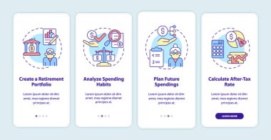 Mobil uygulama sayfası ekranından tasarruf ediliyor. Harcamaları ve gelir akışını incele. 4 aşamalı grafik talimatları kavramlarla birlikte incele. UI, UX, doğrusal renk çizimleri olan GUI vektör şablonu