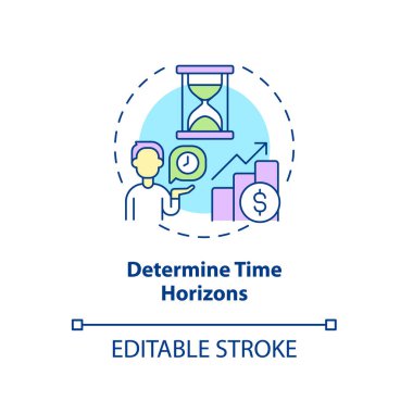 Zaman ufkunun konsept simgesini belirle. Zaman çizgisi soyut fikir ince çizgi çizimi yatırımı. Planlama ufku. Yatırımlar devam ediyor. Vektör izole edilmiş dış hat renk çizimi. Düzenlenebilir vuruş