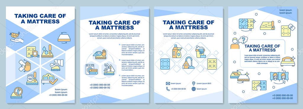 Taking care of mattress brochure template. Maintenance instruction. Flyer, booklet, leaflet print, cover design with linear icons. Vector layouts for presentation, annual reports, advertisement pages