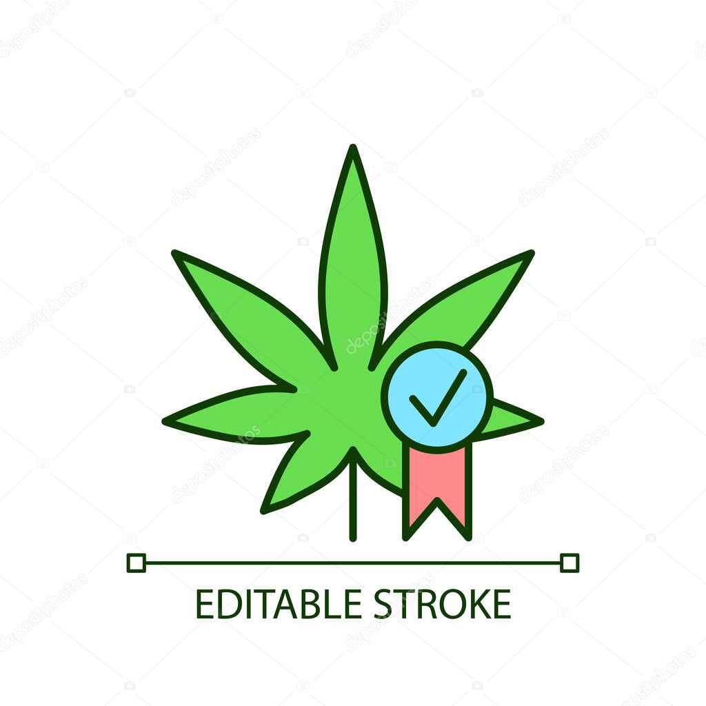 Cannabis quality control RGB color icon. Medical marijuana product evaluation. Standards for industry. Quality certification. Isolated vector illustration. Simple filled line drawing. Editable stroke
