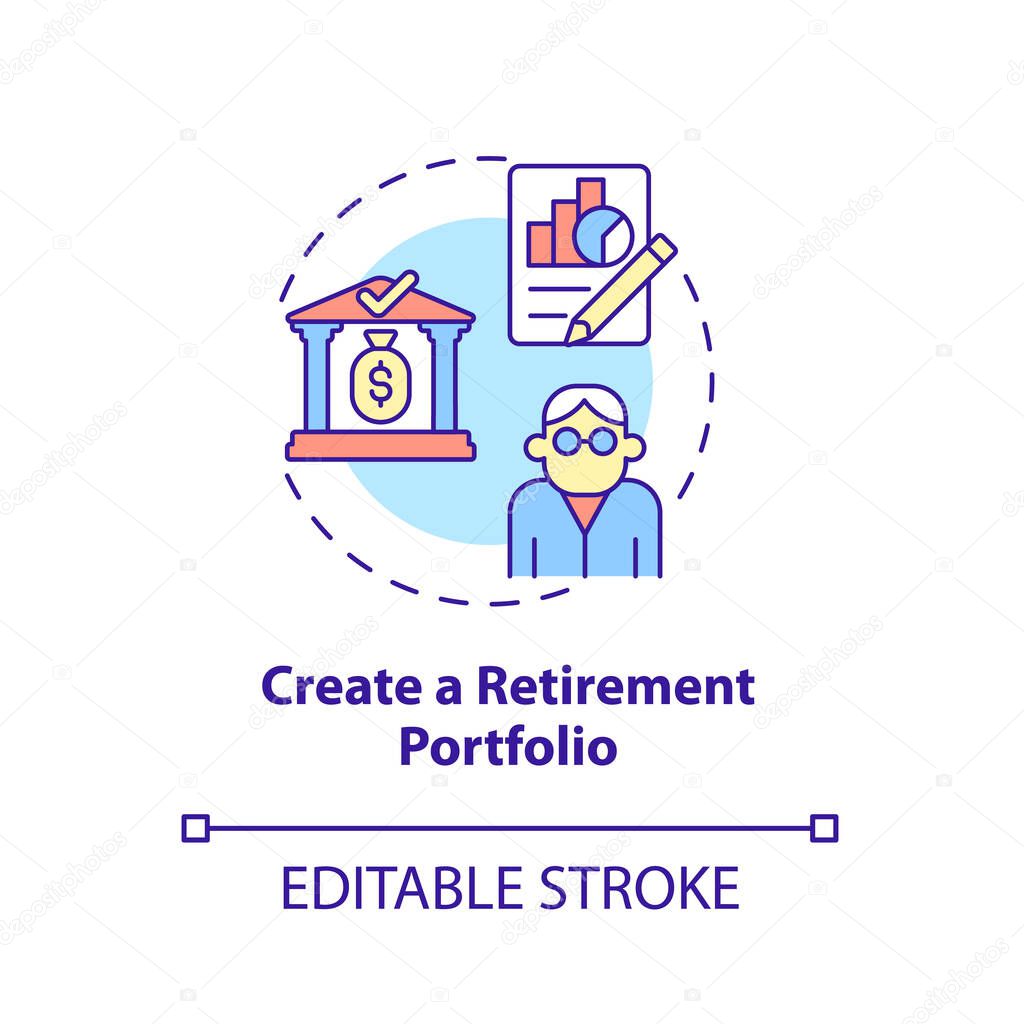 Create a retirement portfolio concept icon. Investment portfolio abstract idea thin line illustration. Capital preservation and income growth. Vector isolated outline color drawing. Editable stroke