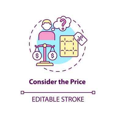 Fiyat konsepti ikonunu düşünün. Döşek soyut fikir ince çizgi çizimi seçiliyor. Uyku konforuna yatırım. Omurga sağlığı. Vektör izole edilmiş dış hat renk çizimi. Düzenlenebilir vuruş