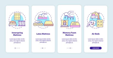 Mobil uygulama sayfa ekranında yaygın yatak tipleri. Konseptlerle birlikte 4 adımlık grafik talimatları rahatça uygulayabilirsiniz. UI, UX, doğrusal renk çizimleri olan GUI vektör şablonu