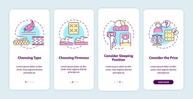 Mobil uygulama sayfası ekranında yatak seçiliyor. Konseptlerle birlikte 4 adımlık grafik talimatları rahatça uygulayabilirsiniz. UI, UX, doğrusal renk çizimleri olan GUI vektör şablonu