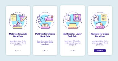 Mobil uygulama sayfasında sırt ağrısı için yatak. Rahat bir uyku yürüyüşü. Kavramlarla birlikte dört adımda grafik talimatlar. UI, UX, doğrusal renk çizimleri olan GUI vektör şablonu