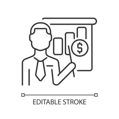 İşletme öğretmeni doğrusal simgesi. Yönetim ve yönetim eğitmeni. İş eğitmeni. İnce çizgi özelleştirilebilir illüstrasyon. Contour sembolü. Vektör izole çizim. Düzenlenebilir vuruş